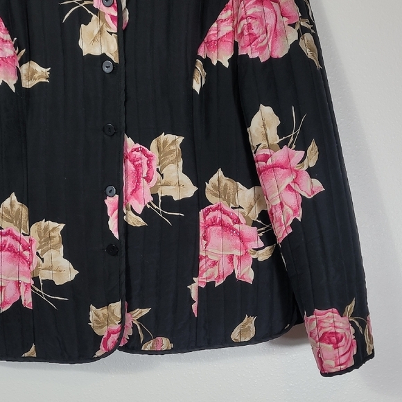 Carole Little 100% Silk Button Up Jacket Size L Floral Sequin Quilted Rose Lined - Picture 3 of 16
